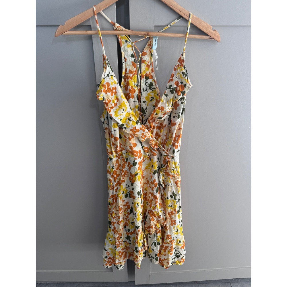 Kimchi Blue Floral Wrap Dress Orange Yellow Ruffle Lace Up Back Summer Mini 8
